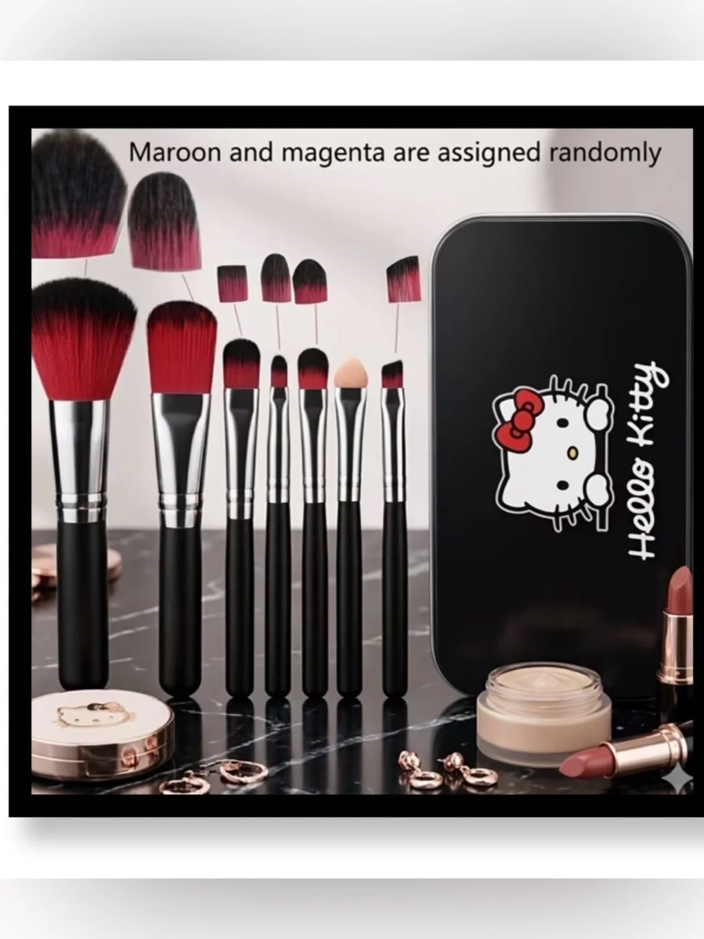 🆕 7 PC Hello Kitty Black Handle Makeup Brush Set with Red Ombre Bristles